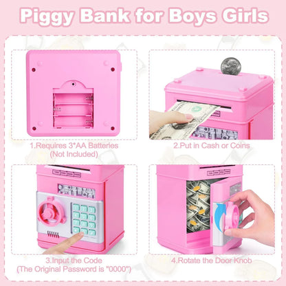 Smart ATM Piggy Bank with Password Lock & Coin Slot – Educational Money Box for Kids, Saves Coins & Bills (Pink) | Other Colors Available In-Store - Mekamart Australia