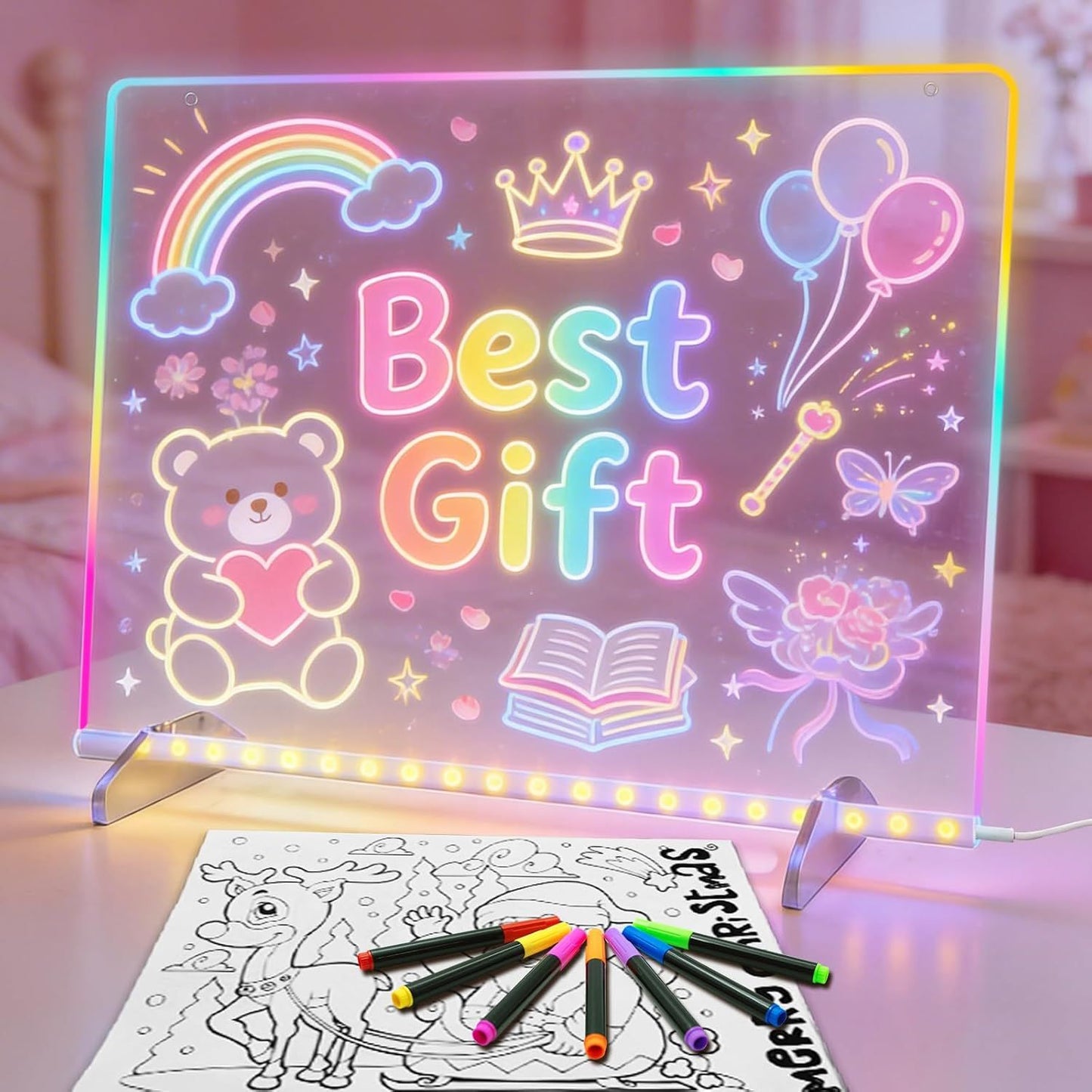 LED Light Up Drawing Board with 7 Highlight Markers & Stand, Erasable Acrylic Message Board for Kids Art, Office Notes & Home Decor (White)