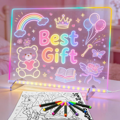 LED Light Up Drawing Board with 7 Highlight Markers & Stand, Erasable Acrylic Message Board for Kids Art, Office Notes & Home Decor (White)