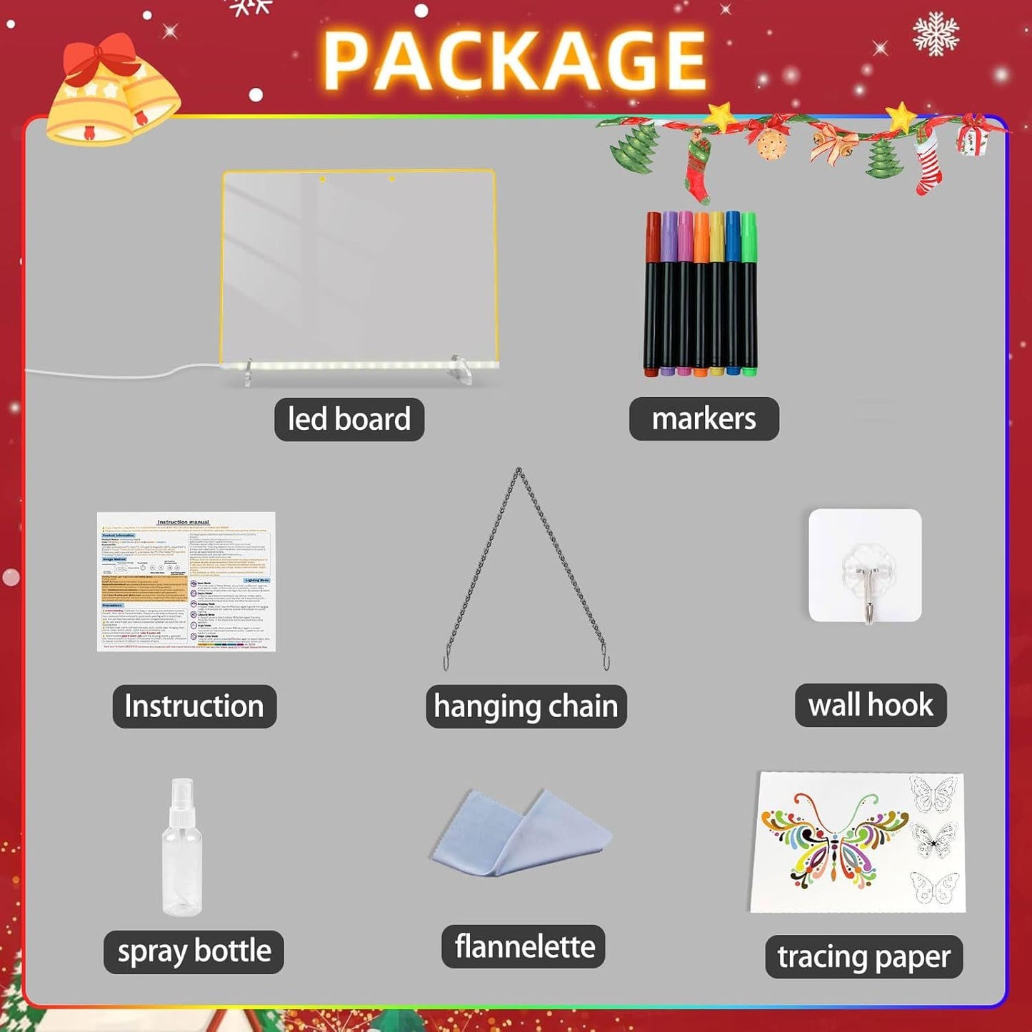 LED Light Up Drawing Board with 7 Highlight Markers & Stand, Erasable Acrylic Message Board for Kids Art, Office Notes & Home Decor (White)