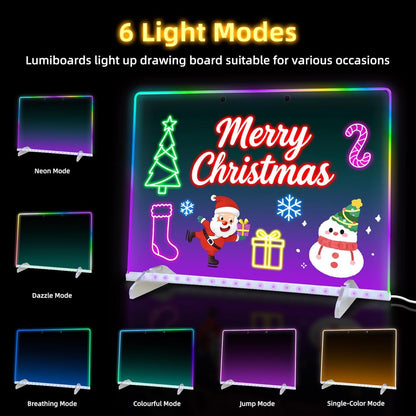 LED Light Up Drawing Board with 7 Highlight Markers & Stand, Erasable Acrylic Message Board for Kids Art, Office Notes & Home Decor (White)