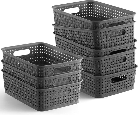 8-Pack Woven Plastic Storage Baskets for Bathroom Vanity, Kitchen Pantry & Office Desk Organization (Grey)