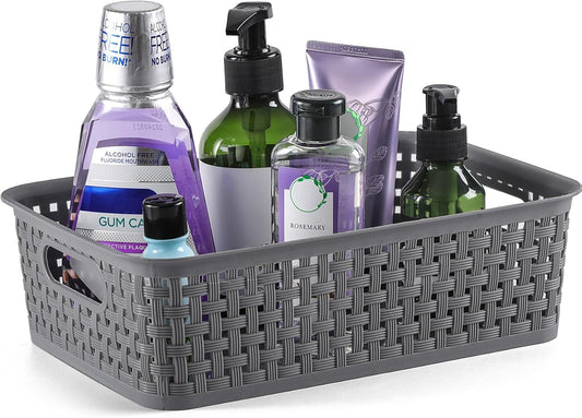 8-Pack Woven Plastic Storage Baskets for Bathroom Vanity, Kitchen Pantry & Office Desk Organization (Grey)