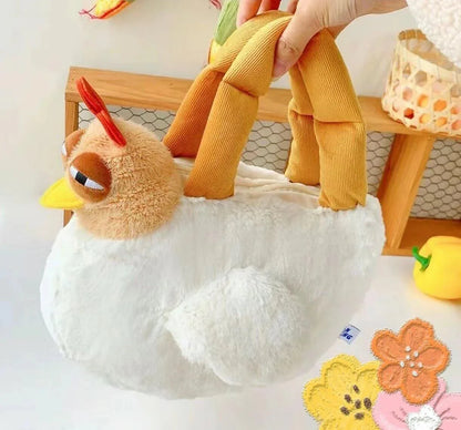 Cute Chicken Plush Handbag – White & Brown Kawaii Animal Tote for Girls & Women | Fun Gift Idea - Mekamart Australia