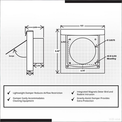 Black 4-Inch Dryer Vent Cover – Outdoor Wall Exhaust for Clothes Dryer & Bathroom Fan | Durable Galvalume Steel with Quiet Damper | Other Colours Available In-Store