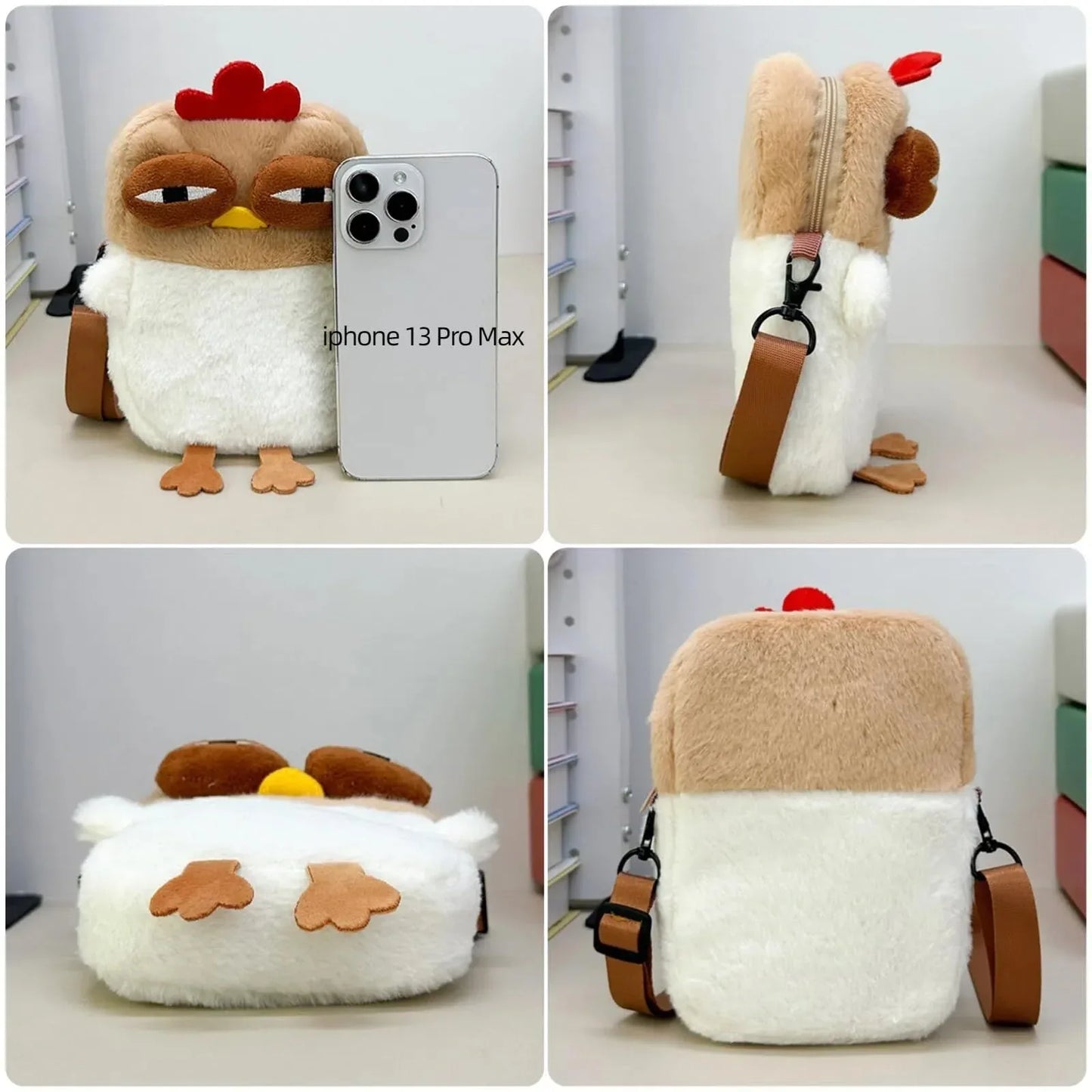 Cute Chicken Plush Crossbody Bag – White & Brown Kawaii Animal Backpack for Kids & Girls | Fun Gift Idea - Mekamart Australia