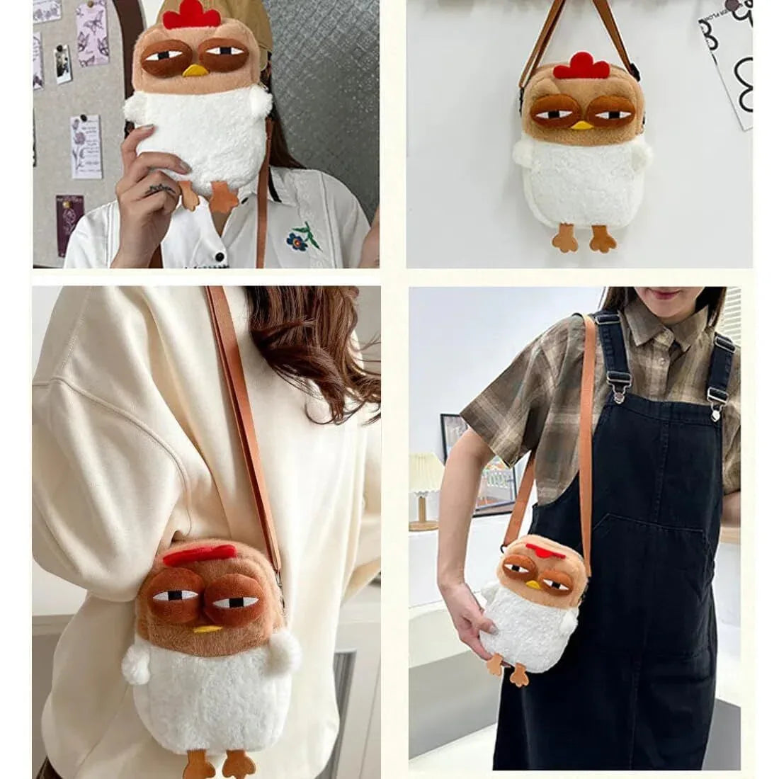Cute Chicken Plush Crossbody Bag – White & Brown Kawaii Animal Backpack for Kids & Girls | Fun Gift Idea - Mekamart Australia