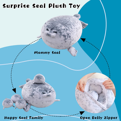 Gray Chubby Seal Plush Pillow with 4 Baby Seals Inside: Soft Stuffed Animal for Kids, Hug Pillow & Room Decor – Perfect Gift for Children