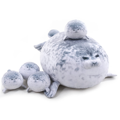 Gray Chubby Seal Plush Pillow with 4 Baby Seals Inside: Soft Stuffed Animal for Kids, Hug Pillow & Room Decor – Perfect Gift for Children