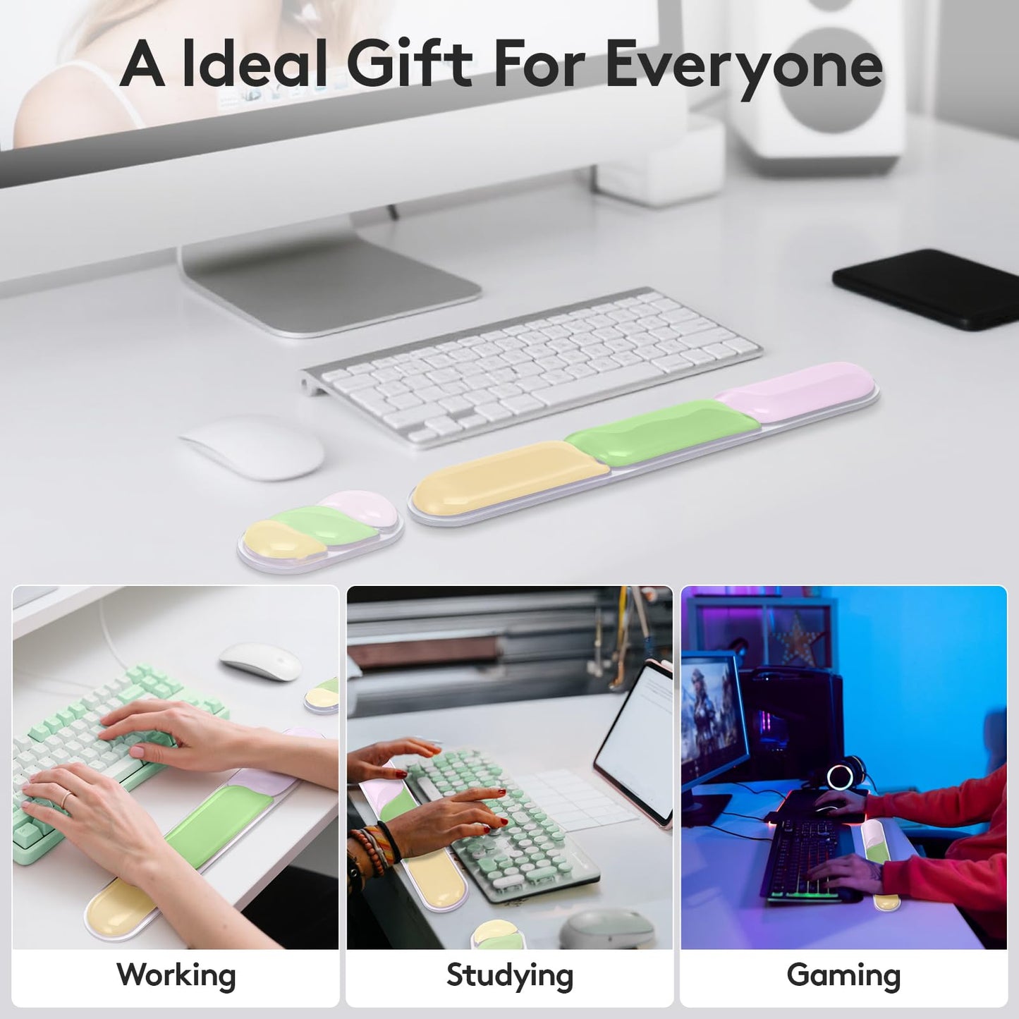 Ergonomic Gel Wrist Rest Set – Keyboard and Mouse Support Pad with Soft Cushioning for Office, Work, Gaming, and Study – Anti-Slip Base, Comfortable Design (Pink-Green-Orange)