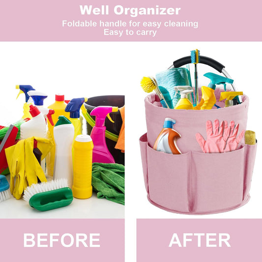 Pink Foldable Cleaning Caddy with 6 Outer Pockets: 17L Collapsible Storage Basket for Household, Bathroom, Picnic & Beach – Durable Oxford Cloth Organizer | Other colors available in store