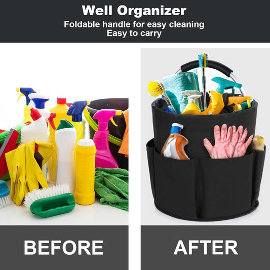 Black Foldable Cleaning Caddy with 6 Outer Pockets: 17L Collapsible Storage Basket for Household, Bathroom, Picnic & Beach – Durable Oxford Cloth Organizer  | Other colors available in store