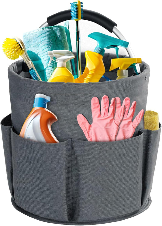 Grey Foldable Cleaning Caddy with 6 Outer Pockets: 17L Collapsible Storage Basket for Household, Bathroom, Picnic & Beach – Durable Oxford Cloth Organizer  | Other colors available in store