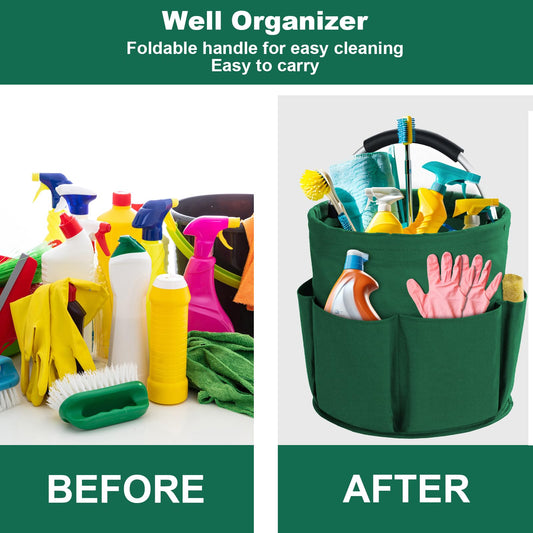 Green Foldable Cleaning Caddy with 6 Outer Pockets: 17L Collapsible Storage Basket for Household, Bathroom, Picnic & Beach – Durable Oxford Cloth Organizer  | Other colors available in store