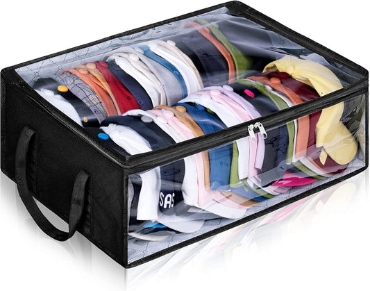 Large Capacity Foldable Hat Organizer Storage Box with Clear See-Through Window for Baseball Caps, Clothes, Toys, and Books, Underbed and Closet Container (Black)
