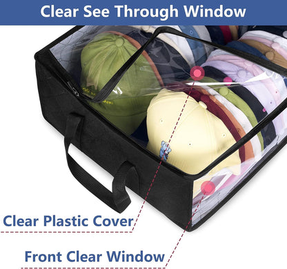 Large Capacity Foldable Hat Organizer Storage Box with Clear See-Through Window for Baseball Caps, Clothes, Toys, and Books, Underbed and Closet Container (Black)