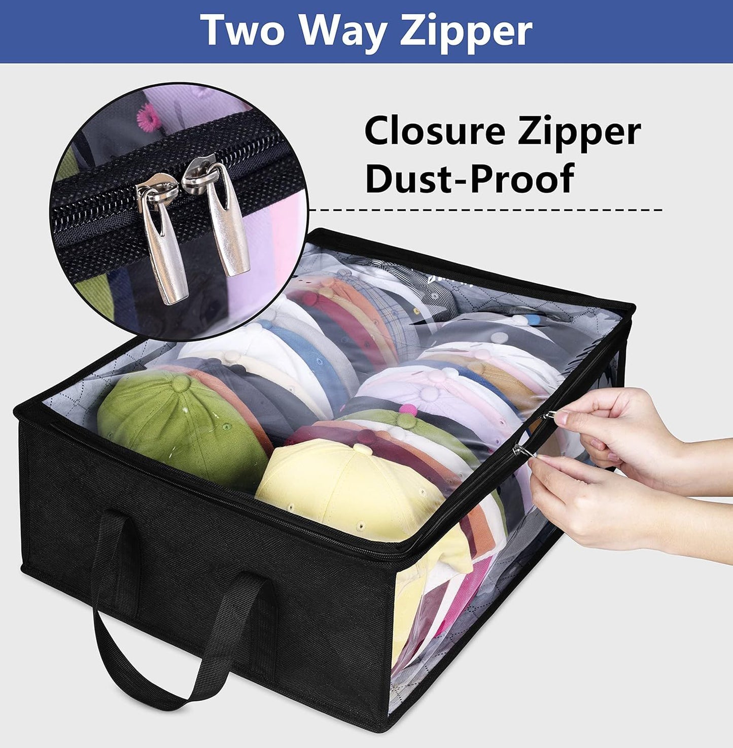 Large Capacity Foldable Hat Organizer Storage Box with Clear See-Through Window for Baseball Caps, Clothes, Toys, and Books, Underbed and Closet Container (Black)