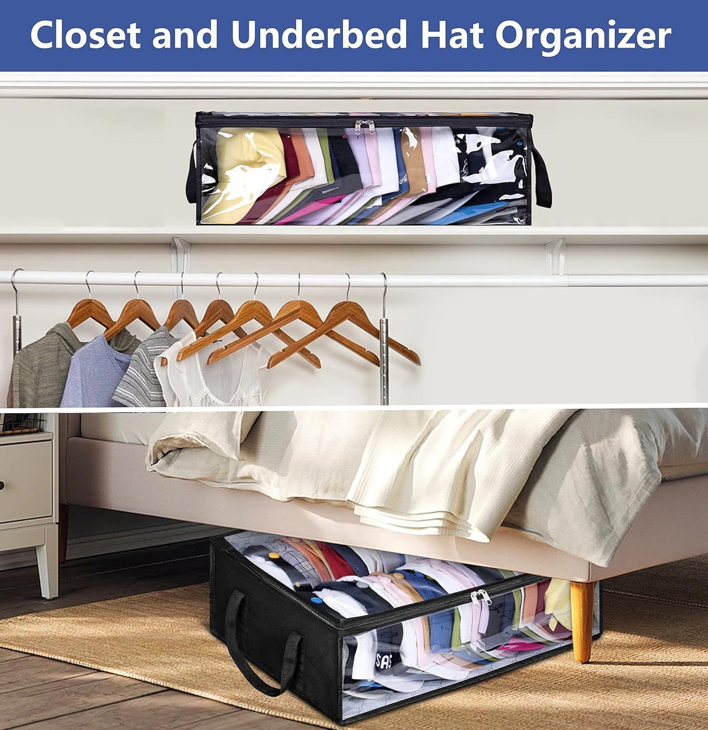 Large Capacity Foldable Hat Organizer Storage Box with Clear See-Through Window for Baseball Caps, Clothes, Toys, and Books, Underbed and Closet Container (Black)
