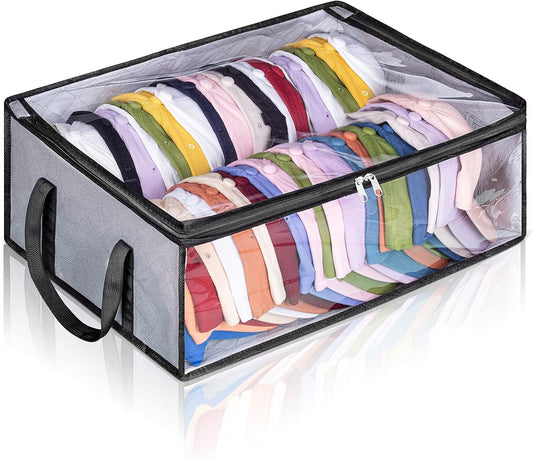 Large Capacity Foldable Hat Organizer Storage Box with Clear See-Through Window for Baseball Caps, Clothes, Toys, and Books, Underbed and Closet Container (Grey)