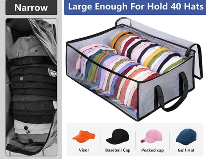 Large Capacity Foldable Hat Organizer Storage Box with Clear See-Through Window for Baseball Caps, Clothes, Toys, and Books, Underbed and Closet Container (Grey)