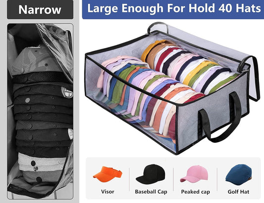 Large Capacity Foldable Hat Organizer Storage Box with Clear See-Through Window for Baseball Caps, Clothes, Toys, and Books, Underbed and Closet Container (Grey)