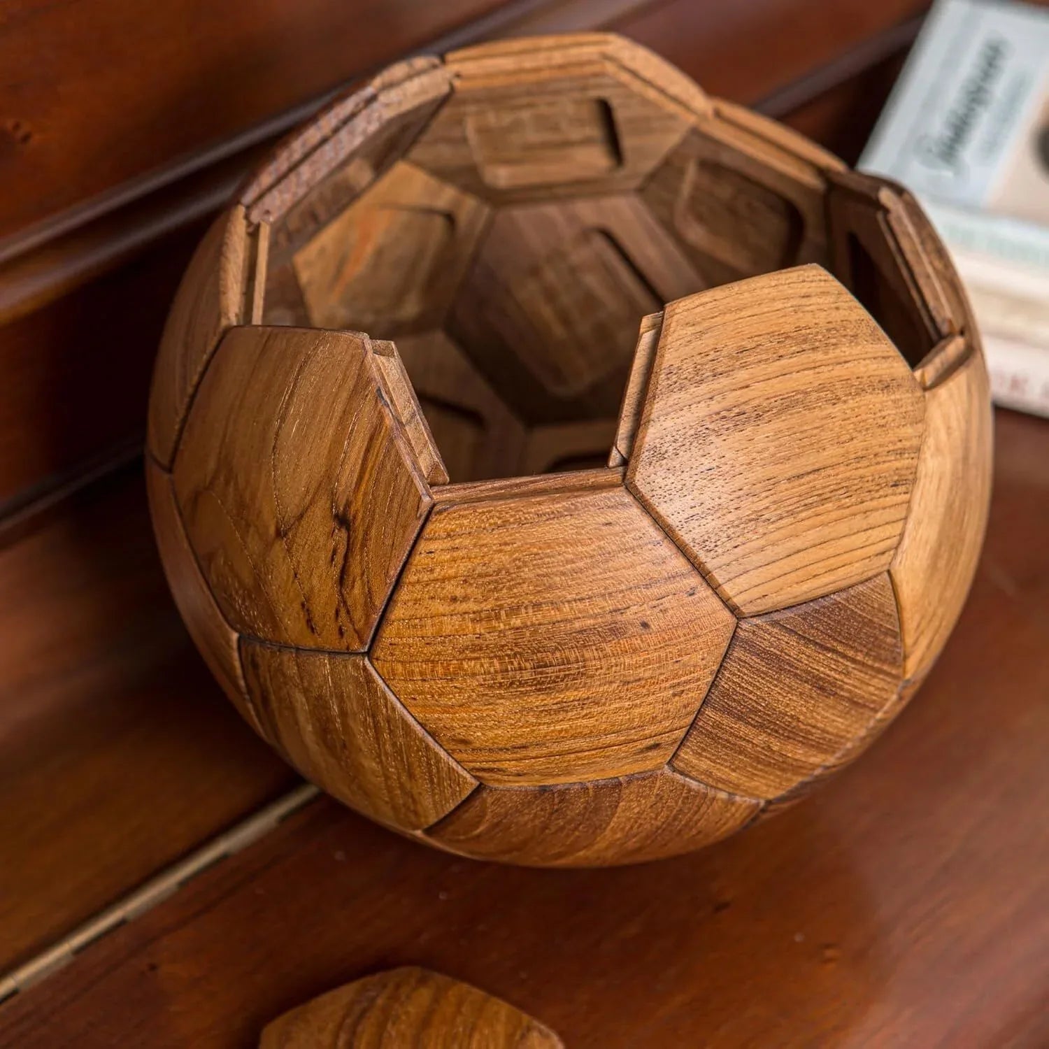 Handcrafted Wooden Football Puzzle – 3D Mortise and Tenon Soccer Ball Assembly Kit | Solid Teak, Beech Wood | DIY Gift for Adults, Kids & Football Fans - Mekamart Australia
