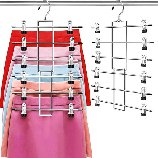 6-Tier Metal Clothing Organizer Hanger with 12 Adjustable Clips, 360° Swivel Hook, Foldable Design, and Rubber-Tipped Grips for Pants, Skirts, Bras, Sweaters, and Scarves—Space-Efficient Closet Solution (1pack)