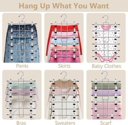 6-Tier Metal Clothing Organizer Hanger with 12 Adjustable Clips, 360° Swivel Hook, Foldable Design, and Rubber-Tipped Grips for Pants, Skirts, Bras, Sweaters, and Scarves—Space-Efficient Closet Solution (1pack)
