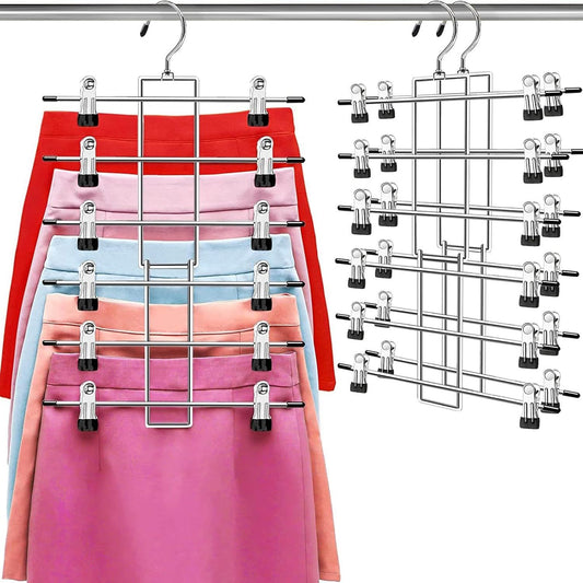 6-Tier Metal Clothing Organizer Hanger with 12 Adjustable Clips, 360° Swivel Hook, Foldable Design, and Rubber-Tipped Grips for Pants, Skirts, Bras, Sweaters, and Scarves—Space-Efficient Closet Solution (2 pack)