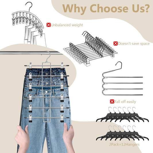 6-Tier Metal Clothing Organizer Hanger with 12 Adjustable Clips, 360° Swivel Hook, Foldable Design, and Rubber-Tipped Grips for Pants, Skirts, Bras, Sweaters, and Scarves—Space-Efficient Closet Solution (2 pack)
