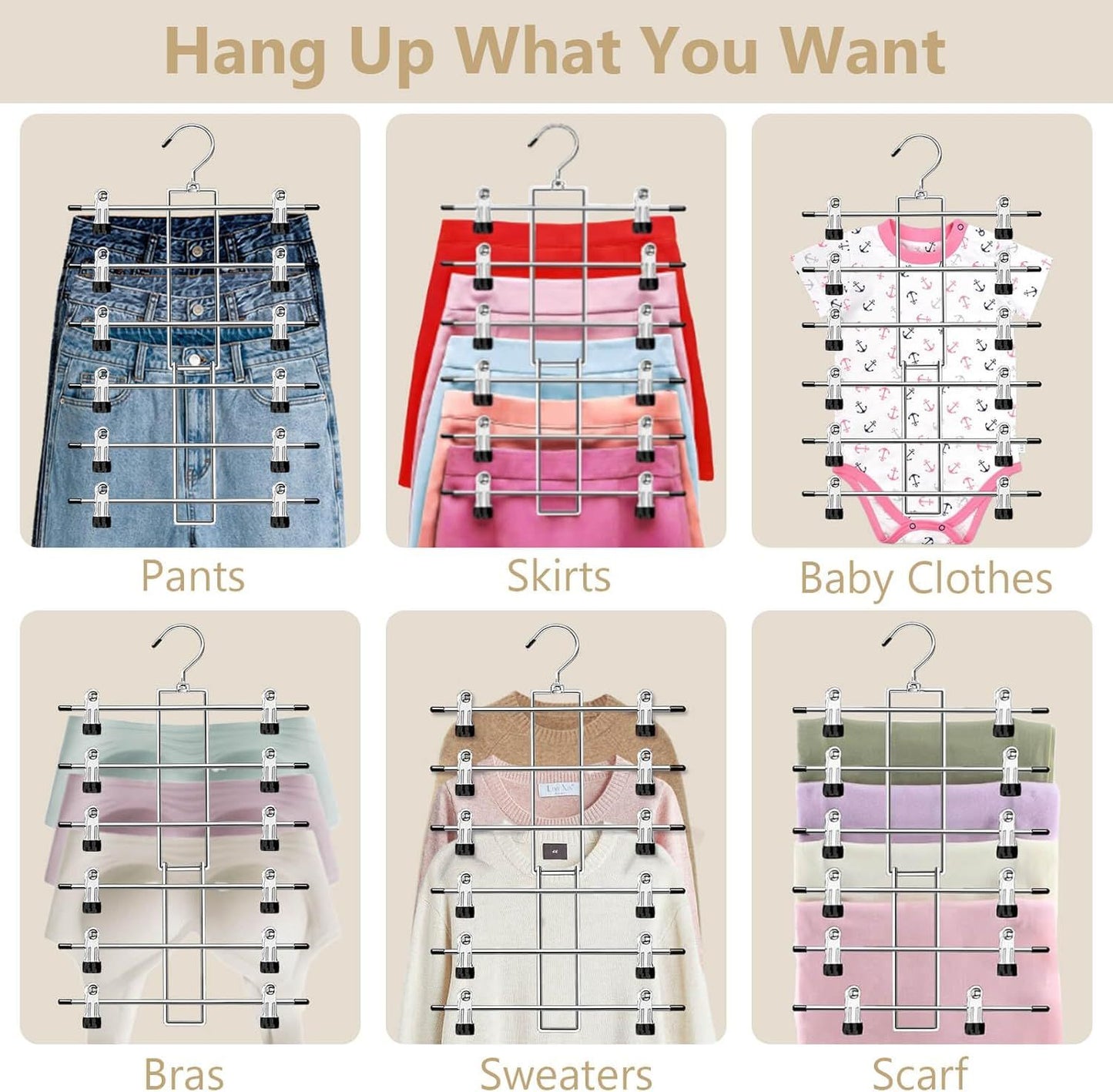 6-Tier Metal Clothing Organizer Hanger with 12 Adjustable Clips, 360° Swivel Hook, Foldable Design, and Rubber-Tipped Grips for Pants, Skirts, Bras, Sweaters, and Scarves—Space-Efficient Closet Solution (2 pack)