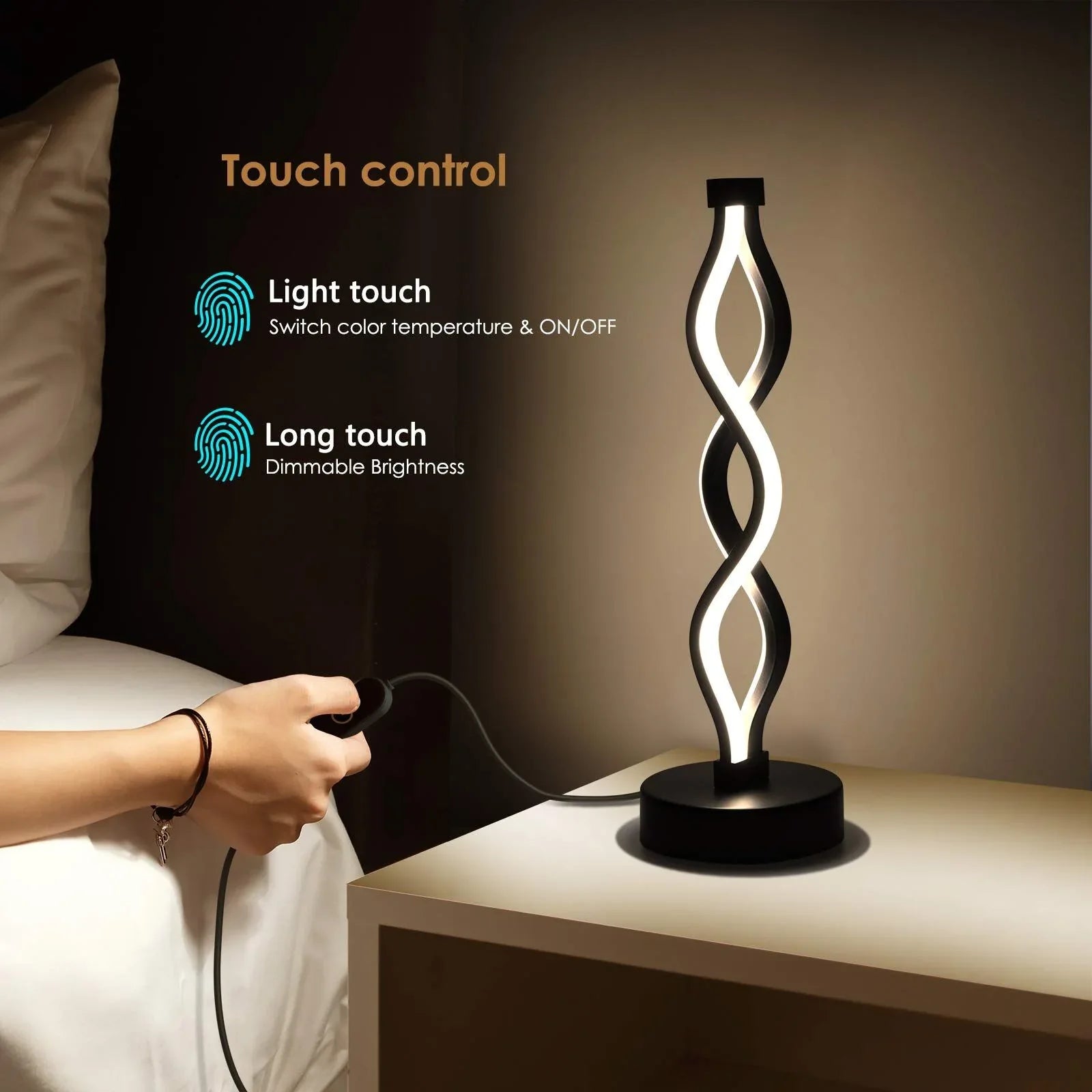 Twisted Spiral LED Table Lamp – Modern Touch-Control Desk Light for Bedroom, Living Room & Café Decor (Black) - Mekamart Australia