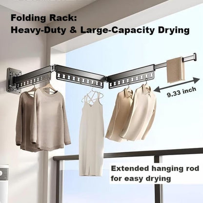 Wall-Mounted Folding Drying Rack with Windproof Holes & Retractable Rod for Balcony, Bathroom & Indoor Use (White)
