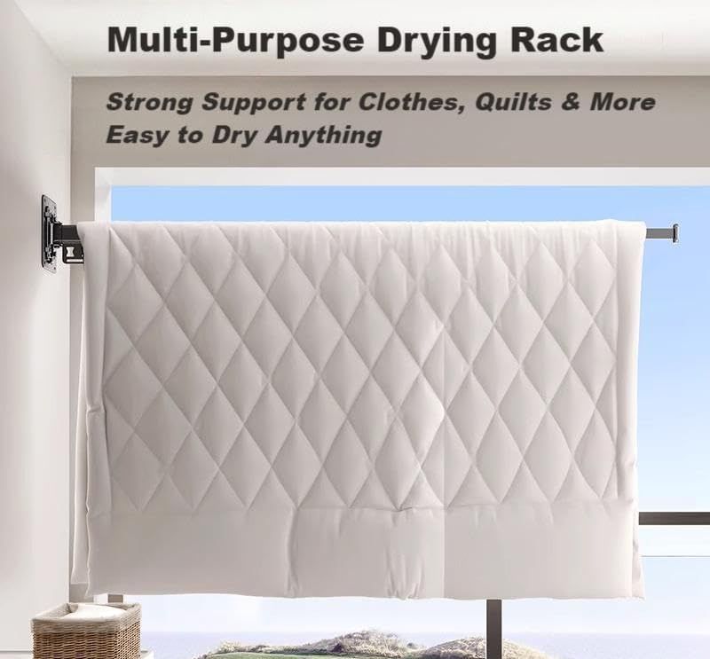 Wall-Mounted Folding Drying Rack with Windproof Holes & Retractable Rod for Balcony, Bathroom & Indoor Use (White)