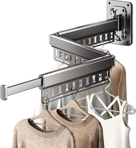 Wall-Mounted Folding Drying Rack with Windproof Holes & Retractable Rod for Balcony, Bathroom & Indoor Use (Gray)