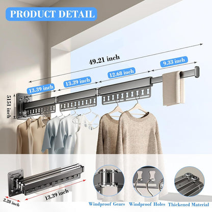 Wall-Mounted Folding Drying Rack with Windproof Holes & Retractable Rod for Balcony, Bathroom & Indoor Use (Gray)