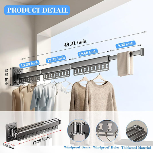 Wall-Mounted Folding Drying Rack with Windproof Holes & Retractable Rod for Balcony, Bathroom & Indoor Use (Gray)