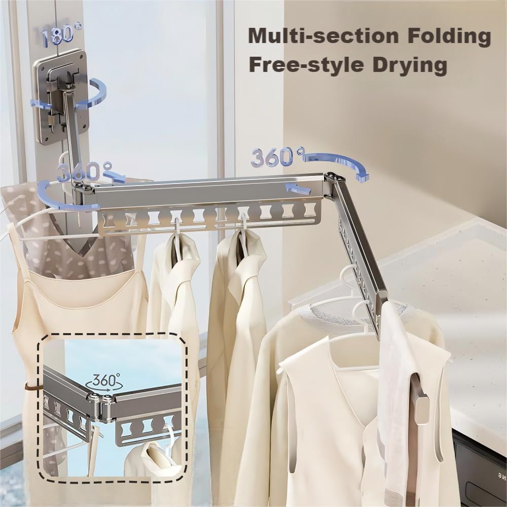 Wall-Mounted Folding Drying Rack with Windproof Holes & Retractable Rod for Balcony, Bathroom & Indoor Use (Gray)