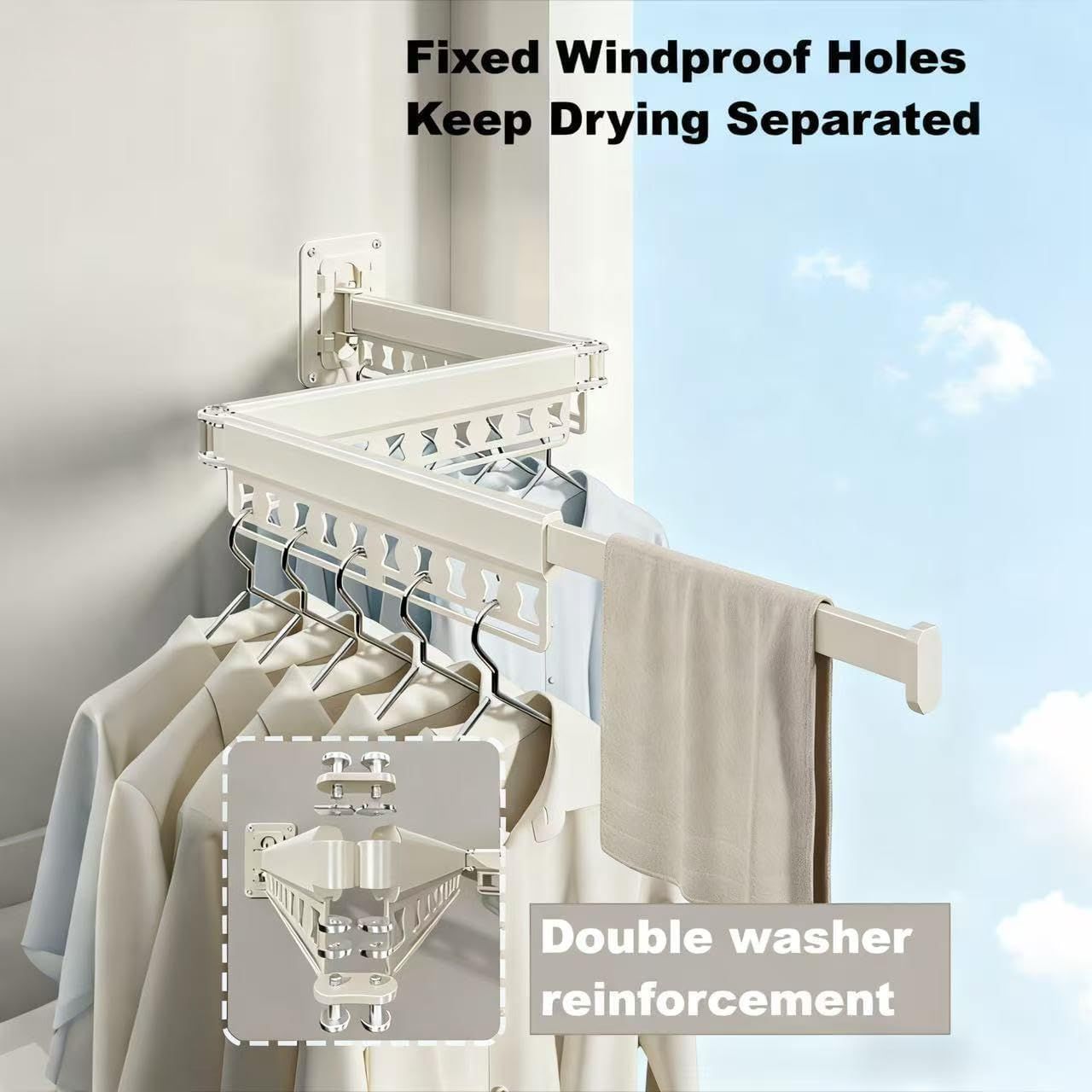 Wall-Mounted Folding Drying Rack with Windproof Holes & Retractable Rod for Balcony, Bathroom & Indoor Use (Gray)