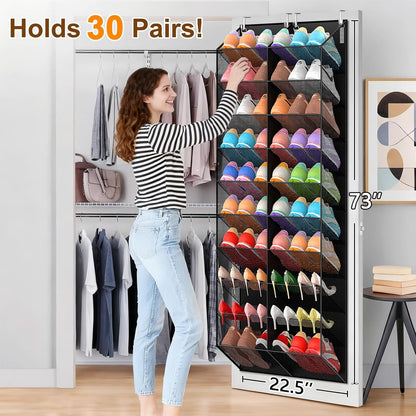 Over the Door Shoe Organizer with 20 Mesh Pockets, Heavy Duty Hanging Shoe Rack for 30 Pairs, Space Saving Closet Storage for Sneakers Boots (Black)
