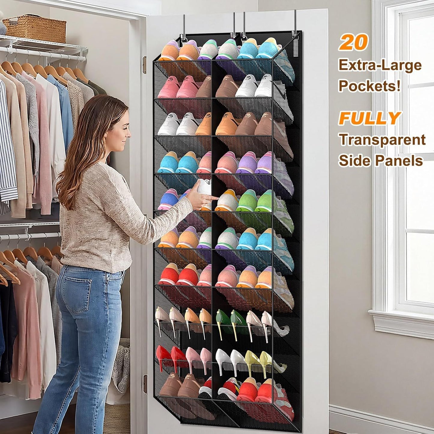 Over the Door Shoe Organizer with 20 Mesh Pockets, Heavy Duty Hanging Shoe Rack for 30 Pairs, Space Saving Closet Storage for Sneakers Boots (Black)
