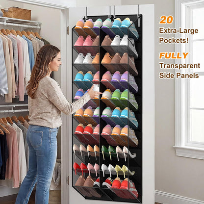 Over the Door Shoe Organizer with 20 Mesh Pockets, Heavy Duty Hanging Shoe Rack for 30 Pairs, Space Saving Closet Storage for Sneakers Boots (Black)