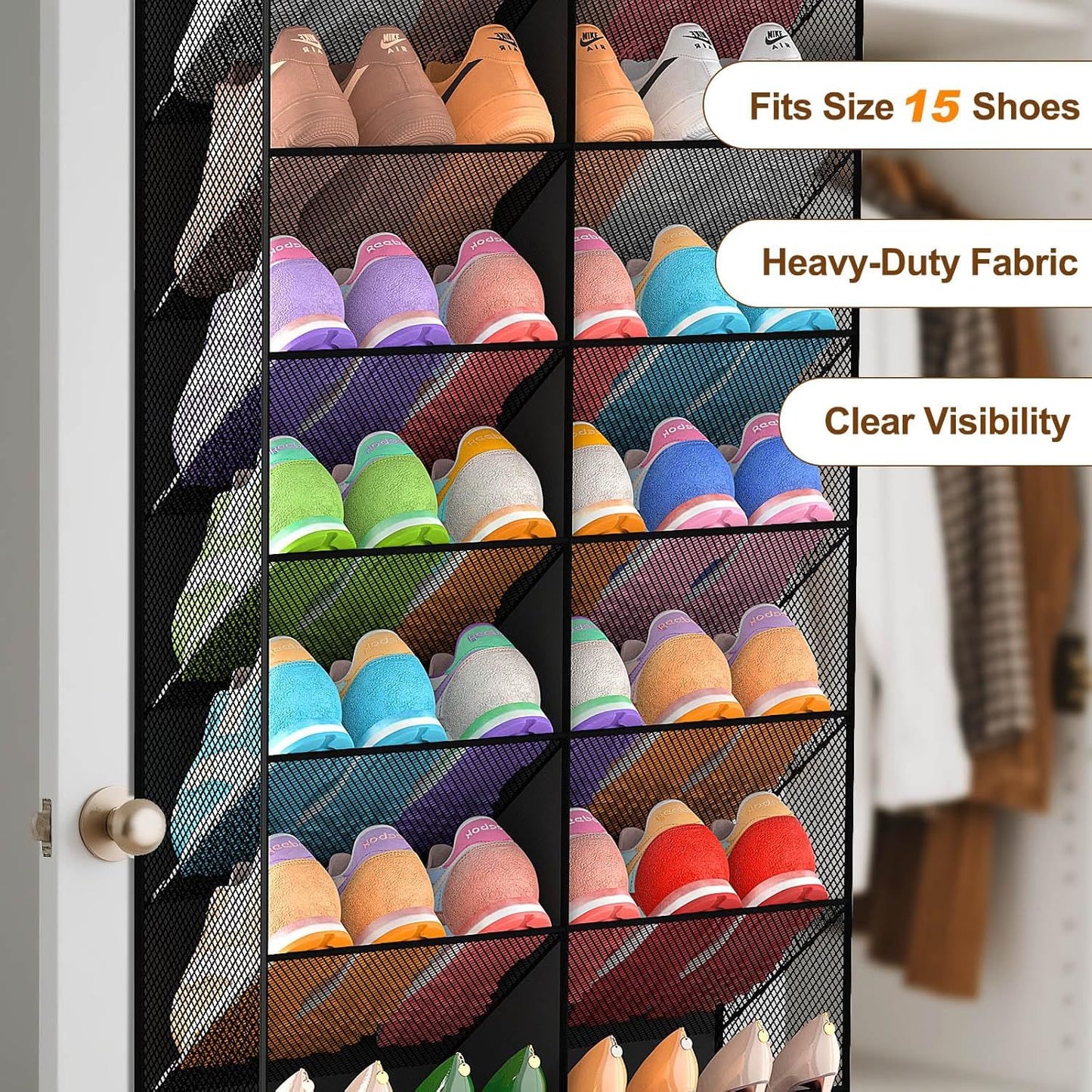 Over the Door Shoe Organizer with 20 Mesh Pockets, Heavy Duty Hanging Shoe Rack for 30 Pairs, Space Saving Closet Storage for Sneakers Boots (Black)