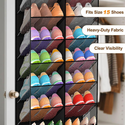 Over the Door Shoe Organizer with 20 Mesh Pockets, Heavy Duty Hanging Shoe Rack for 30 Pairs, Space Saving Closet Storage for Sneakers Boots (Black)