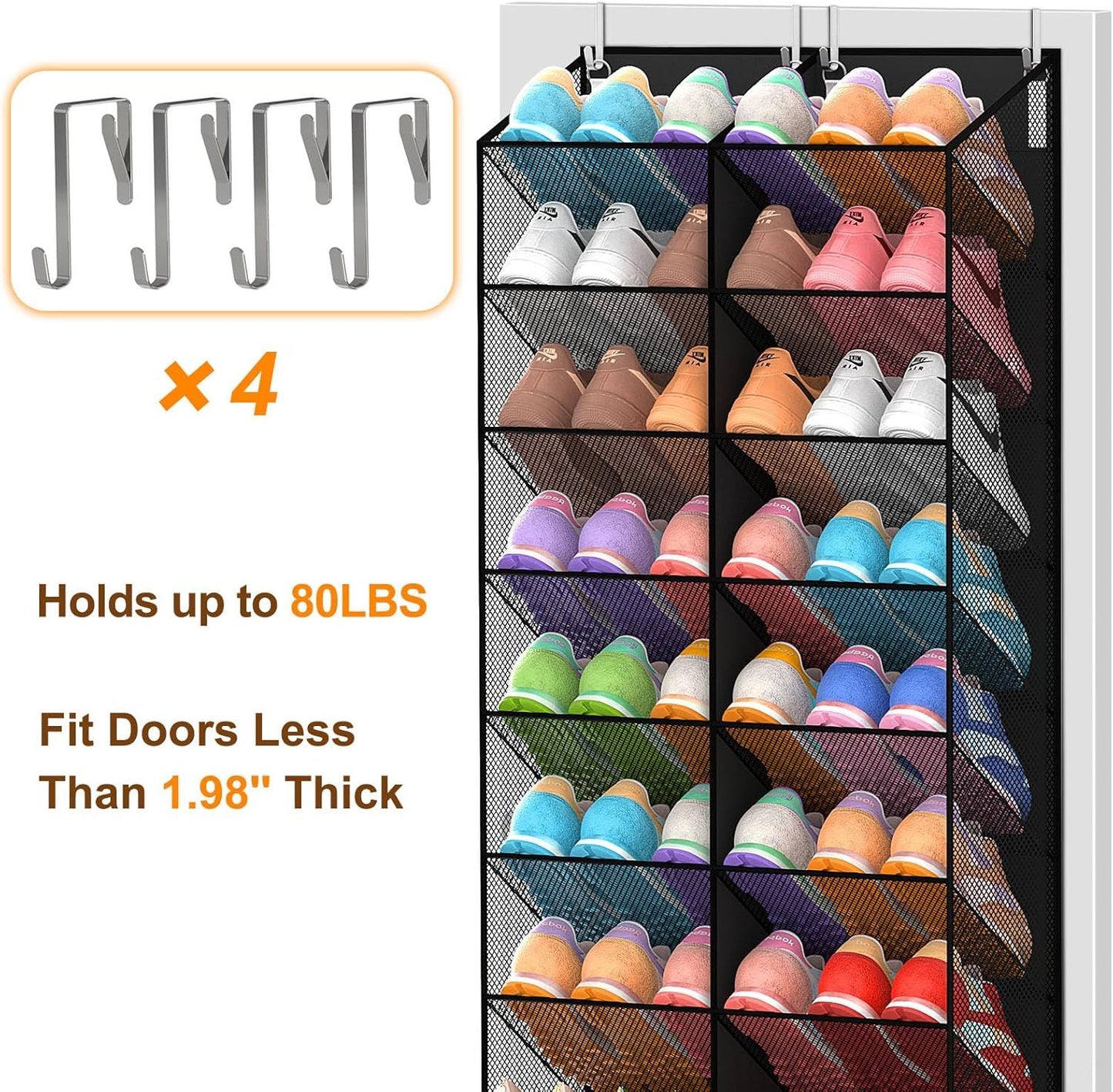 Over the Door Shoe Organizer with 20 Mesh Pockets, Heavy Duty Hanging Shoe Rack for 30 Pairs, Space Saving Closet Storage for Sneakers Boots (Black)