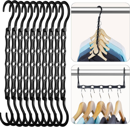 10-Pack Black Space-Saving Hanger Connectors—5-Slot Design for Vertical & Horizontal Use—Organize Shirts, Sweaters, Jackets—Compact Closet Organizer for Apartments, Dorms, Small Spaces (Black)