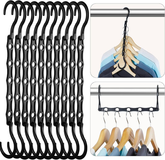 10-Pack Black Space-Saving Hanger Connectors—5-Slot Design for Vertical & Horizontal Use—Organize Shirts, Sweaters, Jackets—Compact Closet Organizer for Apartments, Dorms, Small Spaces (Black)