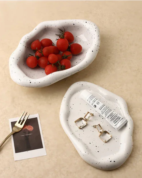 Speckled White Ceramic Tray Set (Round+Long+Irregular) – Jewelry Organizer & Fruit Dish for Home Decor | Other Styles Available in Store - Mekamart Australia