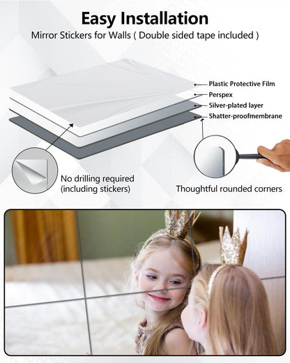 Shatterproof Acrylic Mirror Tiles – 4-Pack Wall Stickers for Kids, Home Gym, Bedroom & Bathroom, Easy Peel-and-Stick Decorative Mirrors with Double-Sided Tape (Silver,8" x 8")