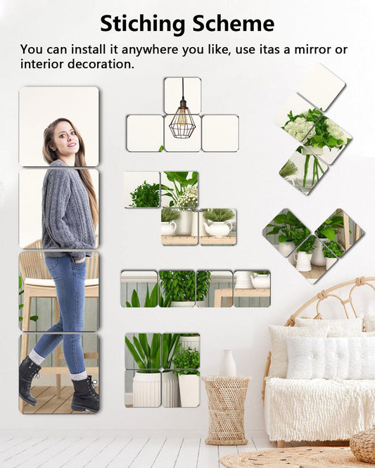 Shatterproof Acrylic Mirror Tiles – 4-Pack Wall Stickers for Kids, Home Gym, Bedroom & Bathroom, Easy Peel-and-Stick Decorative Mirrors with Double-Sided Tape (Silver,12" x 12")